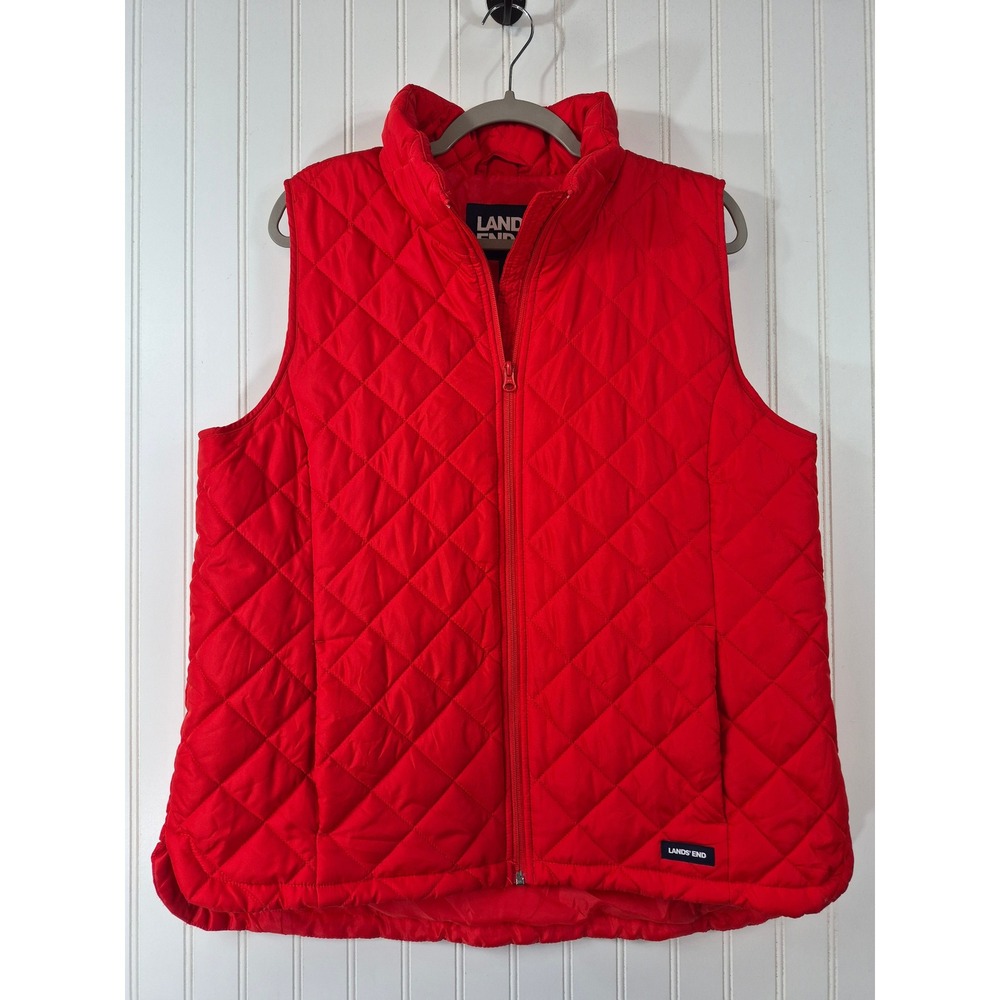 Lands End Red Quilted Puffer Vest Womens XL 18 Full Zip Sleeveless Jacket